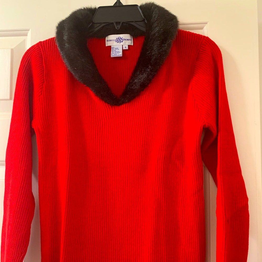 Red Sweater With Black Faux Fur